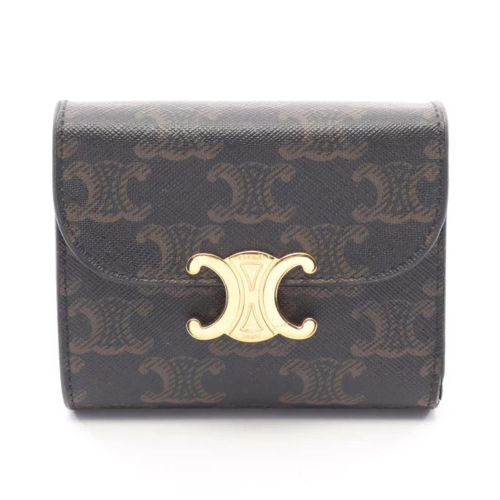 Celine Triomphe Flap Wallet Tri fold Black Brown